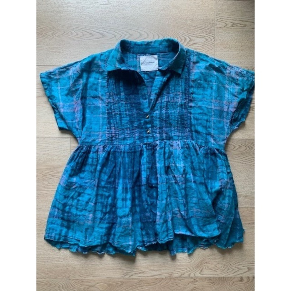 Lucky Brand Blue Plaid Tie Dye Babydoll Top‎ Raw Hem Pintuck Boho Small